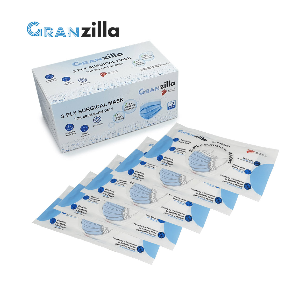Box of granzilla face mask and individual vacuum sealed packs found within it